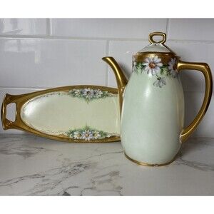 J&C Bavaria Minerva Hand Painted Daisy Teapot & Tray Set Gold Trim Germany